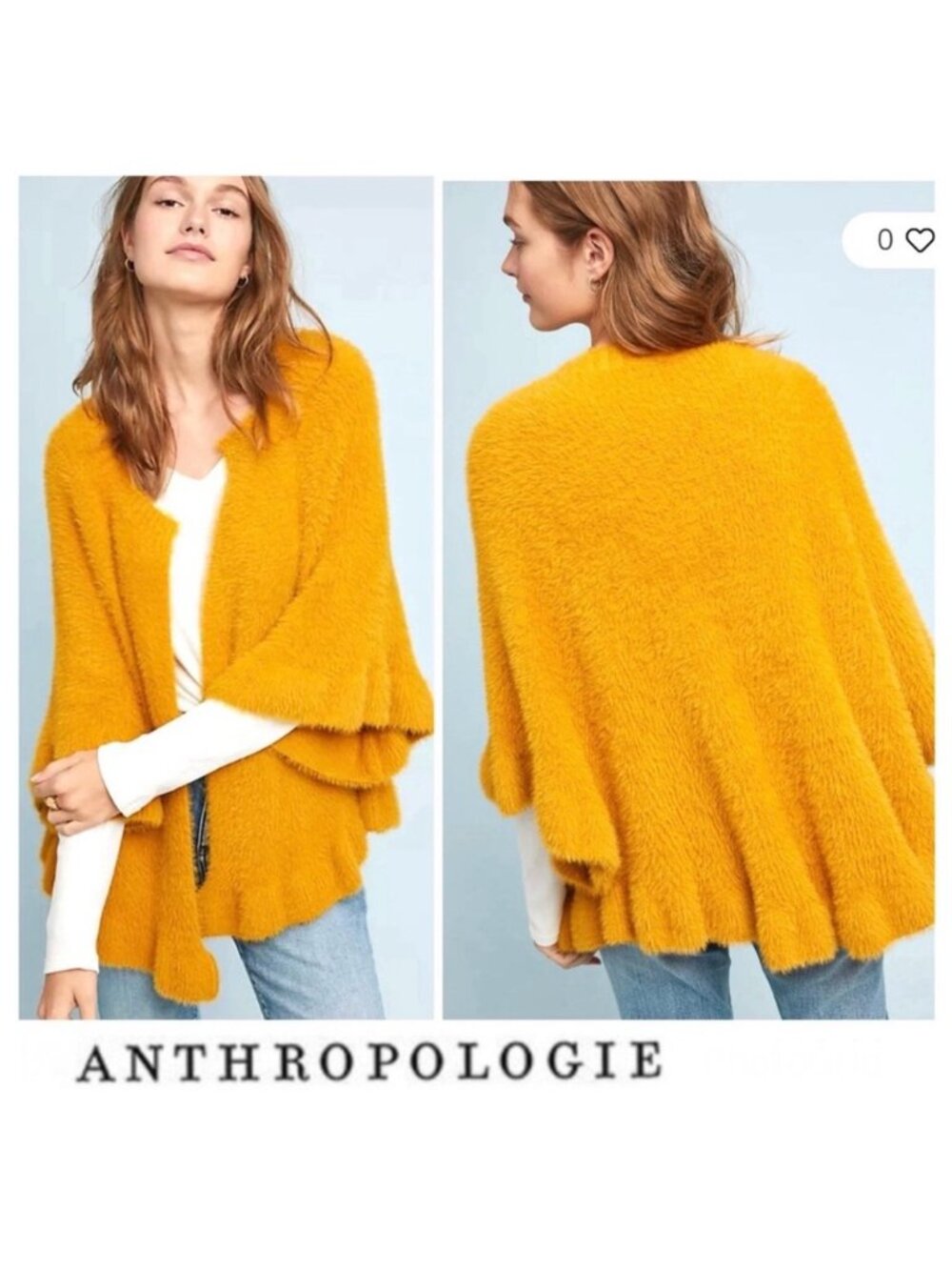 Anthropologie Mustard Yellow Ruffled Open Front Kimono Cardigan Sweater One Size
